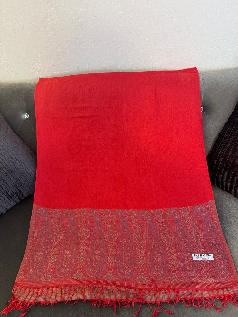 NEW Red Pashmina Shawl Wrap Paisley Border Fringe 70” x 27”